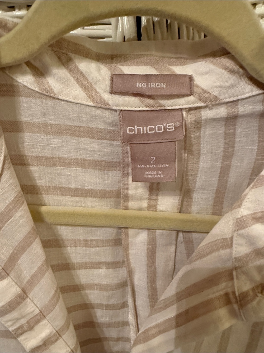 Chico's Lightweight linen white and Taupe Striped Button-Front tunic style shirt - Picture 2 of 3